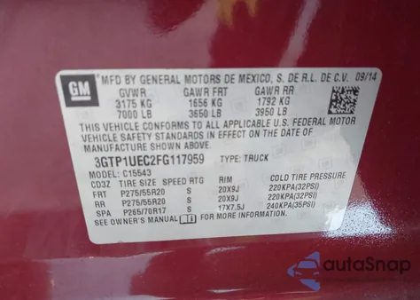 2015 GMC Sierra 1500 Sle z USA, uszkodzony, nr VIN 3GTP1UEC2FG117959